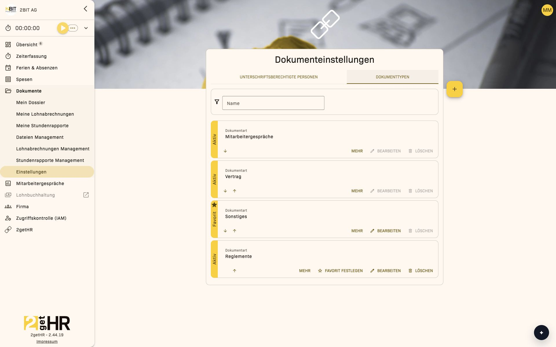 Dokumenttypen mit Bezeichnung und Aktionen