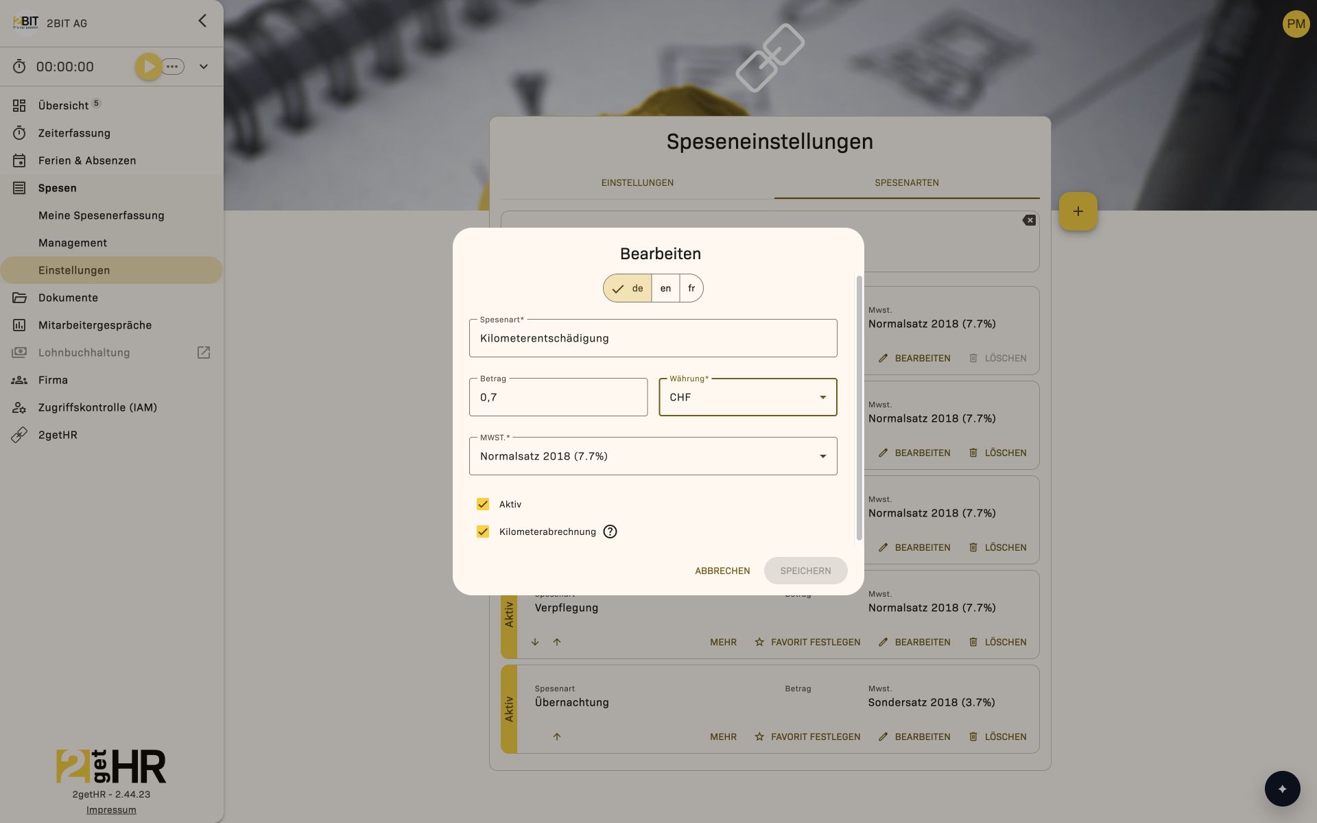 Spesenart bearbeiten mit Betrag, Währung, MWST., Aktiv und Kilometerabrechnung