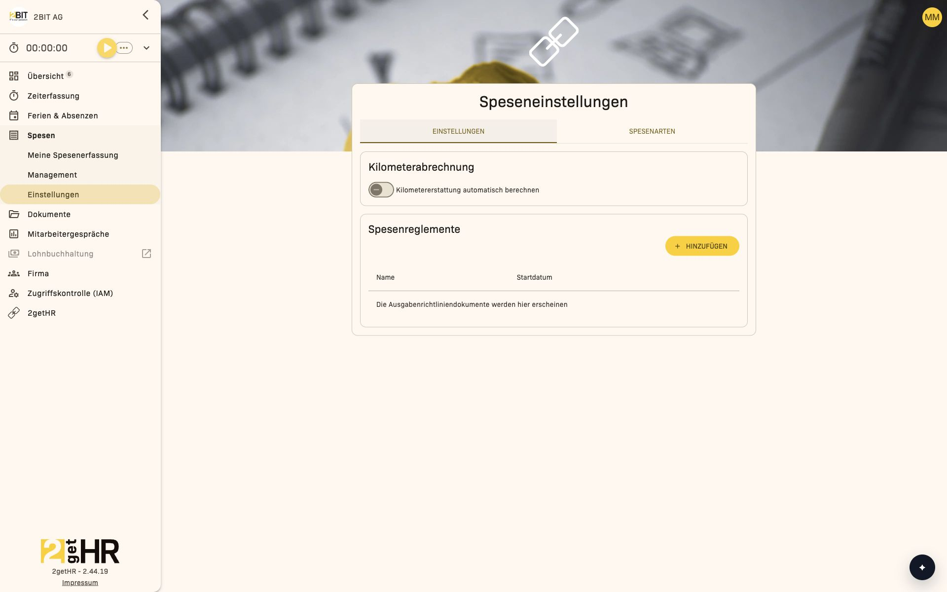 Speseneinstellungen für Kilometererstattung und Reglemente