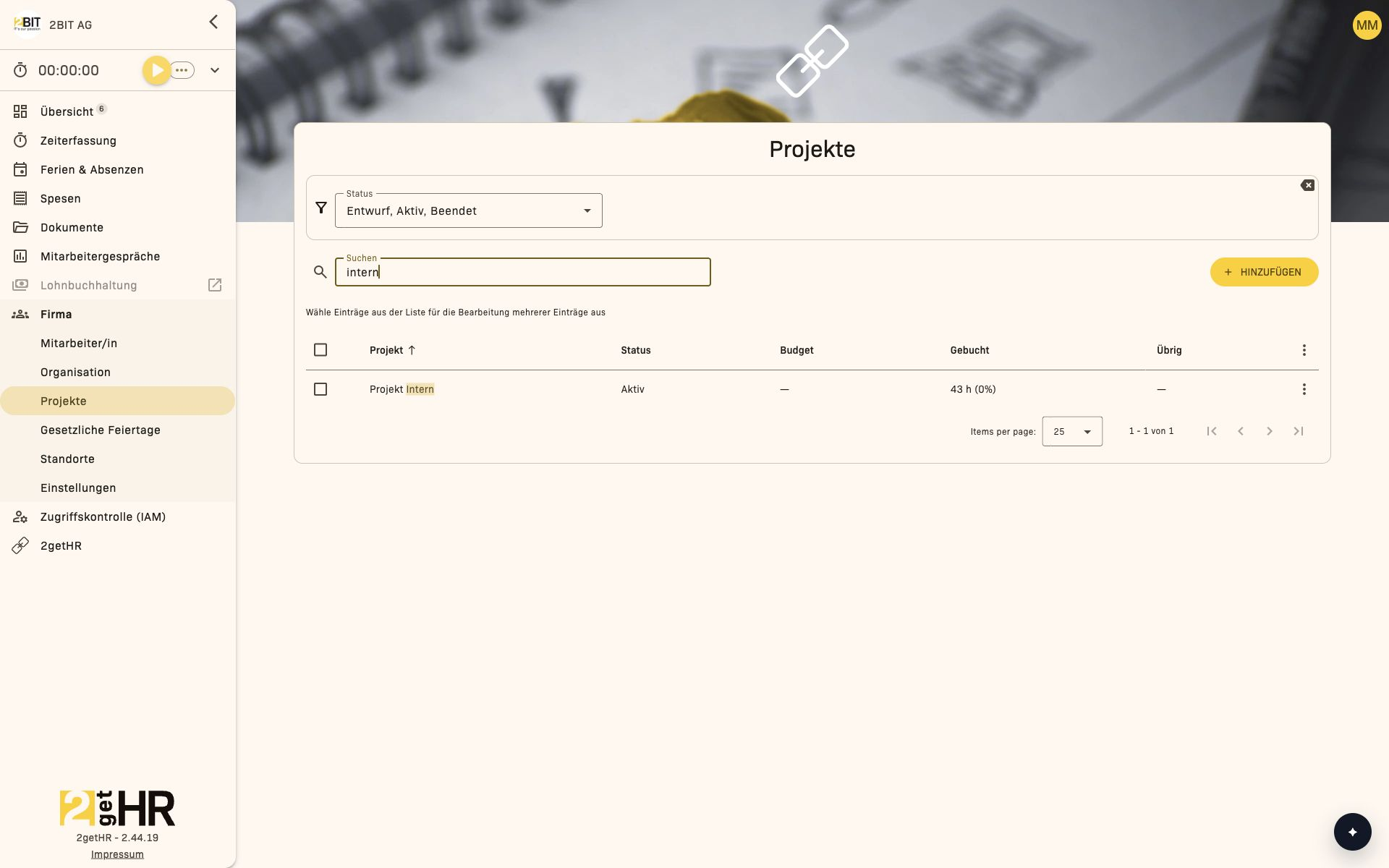 Projektübersicht mit Filter und erfasster Zeit