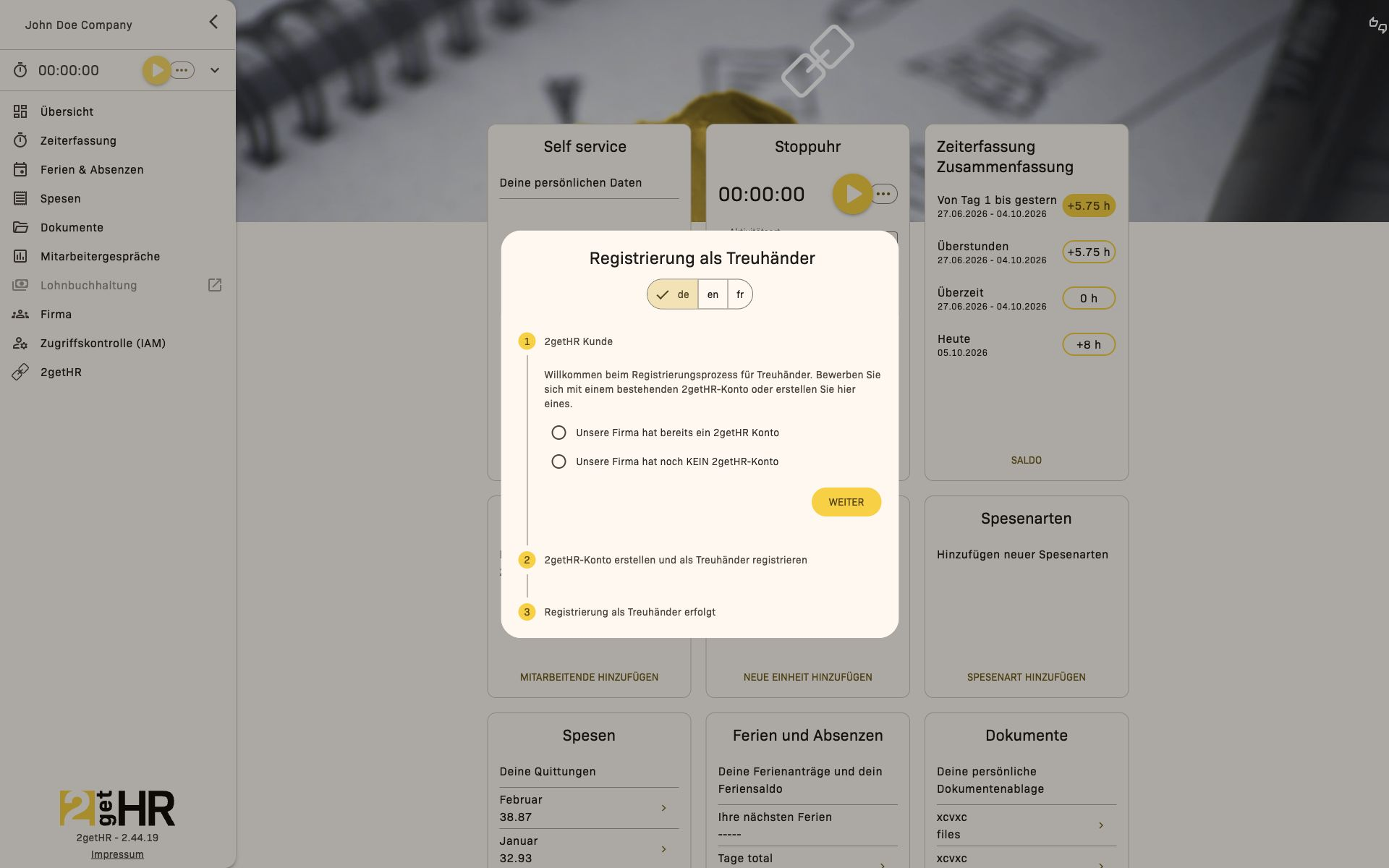 Erster Schritt der Registrierung als Treuhänder mit Sprachauswahl