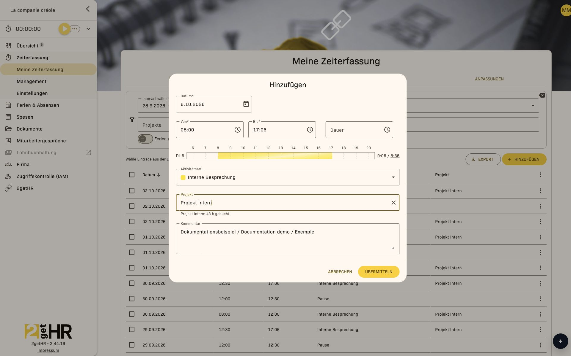 Modal zum Hinzufügen/Bearbeiten eines Zeiteintrags