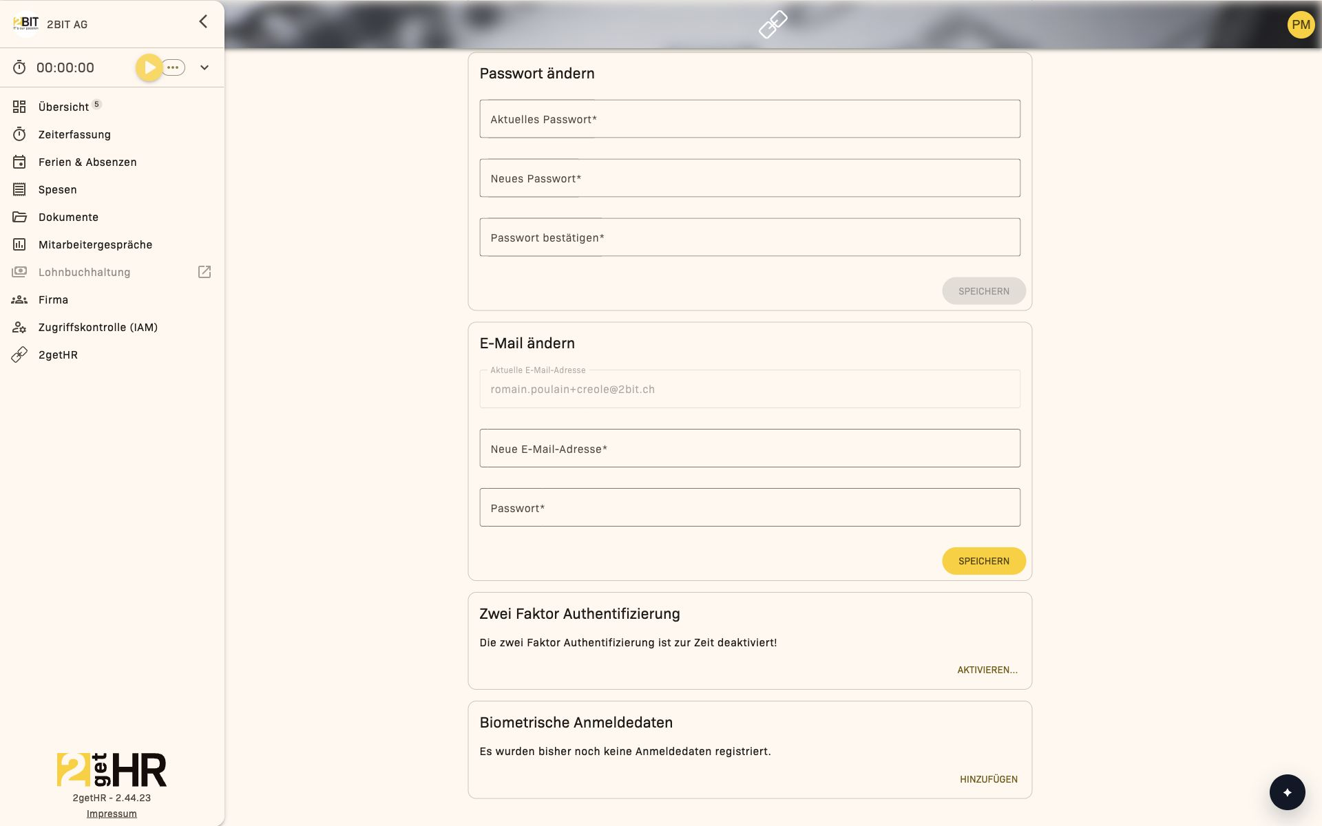 Sicherheitsbereiche für Passwort, E-Mail, Zwei-Faktor-Authentifizierung und biometrische Anmeldung