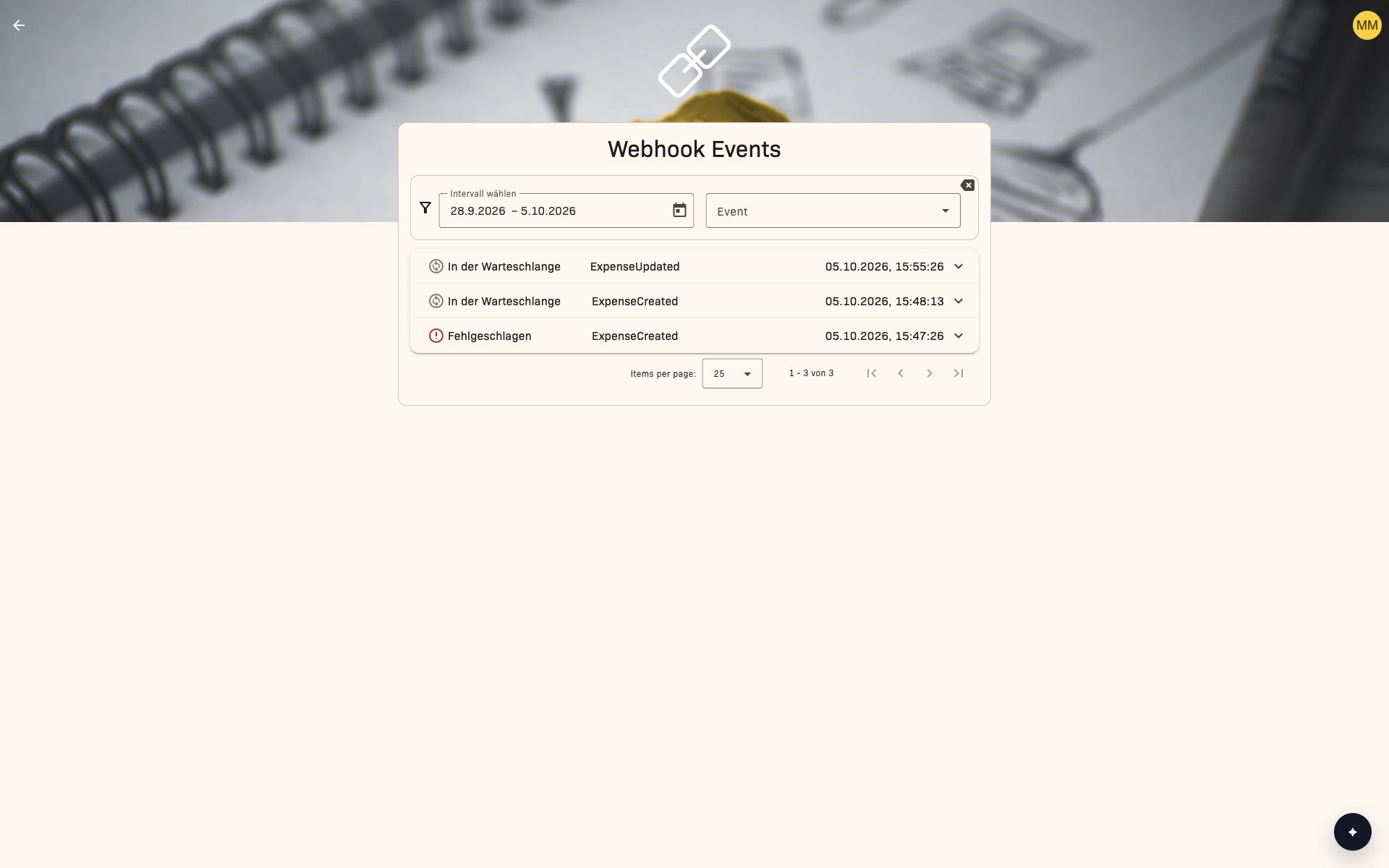 Webhook-Ereignisse mit Datum und Verarbeitungsstatus