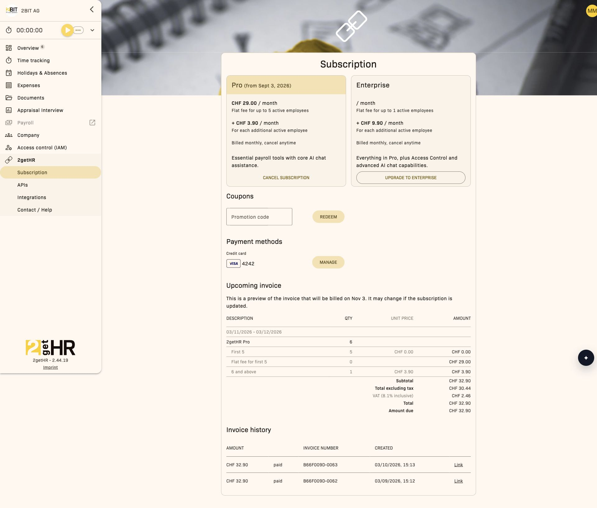 Subscription, payment method and invoice overview