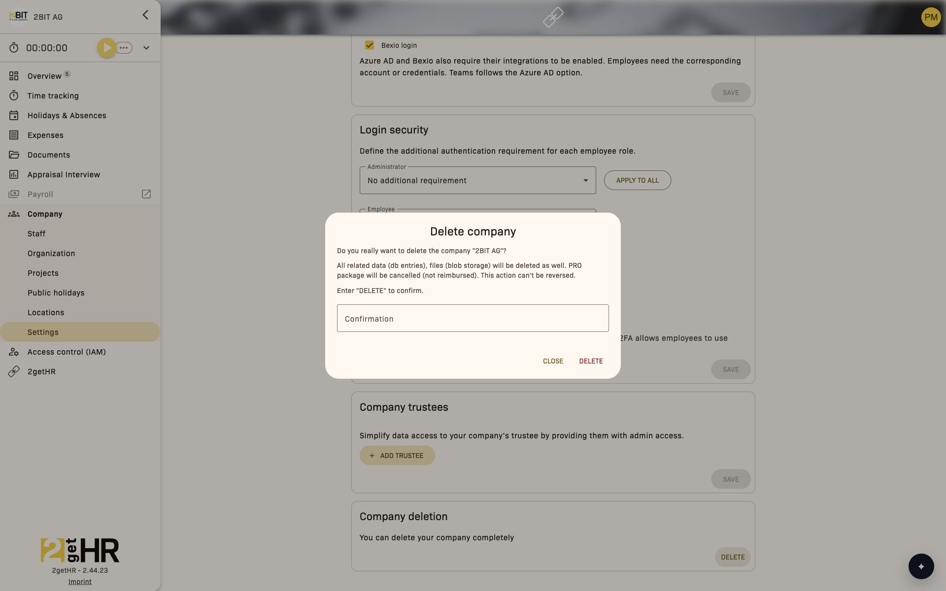 Company deletion: warning and empty Confirmation field for the word DELETE