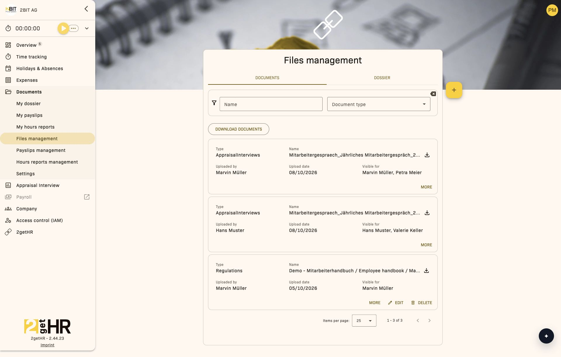 Files management with the Documents tab open