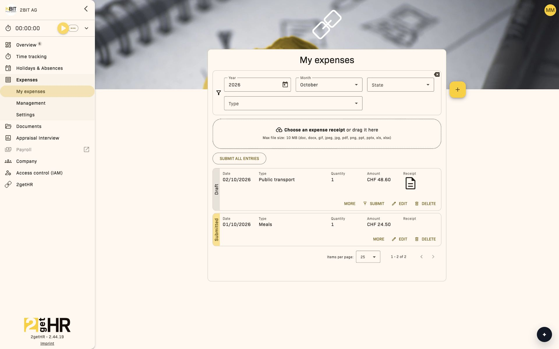 My expenses main page