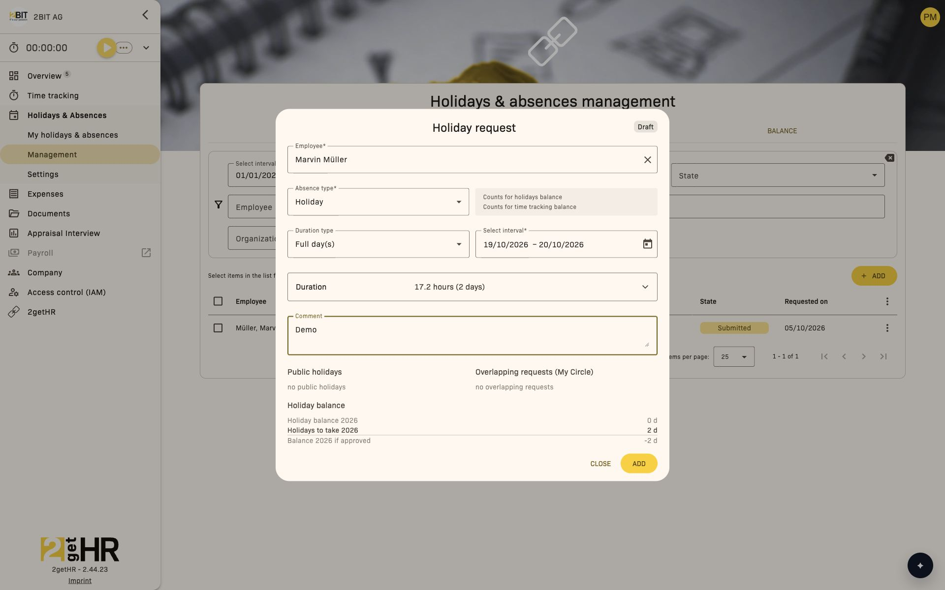 Add holiday dialog