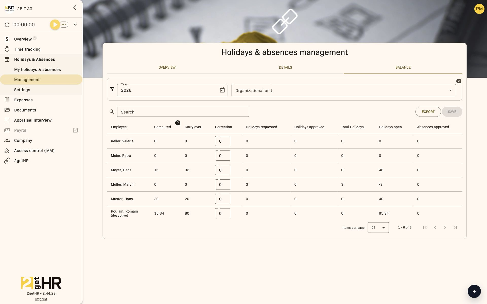 Employee holiday balances in the management view
