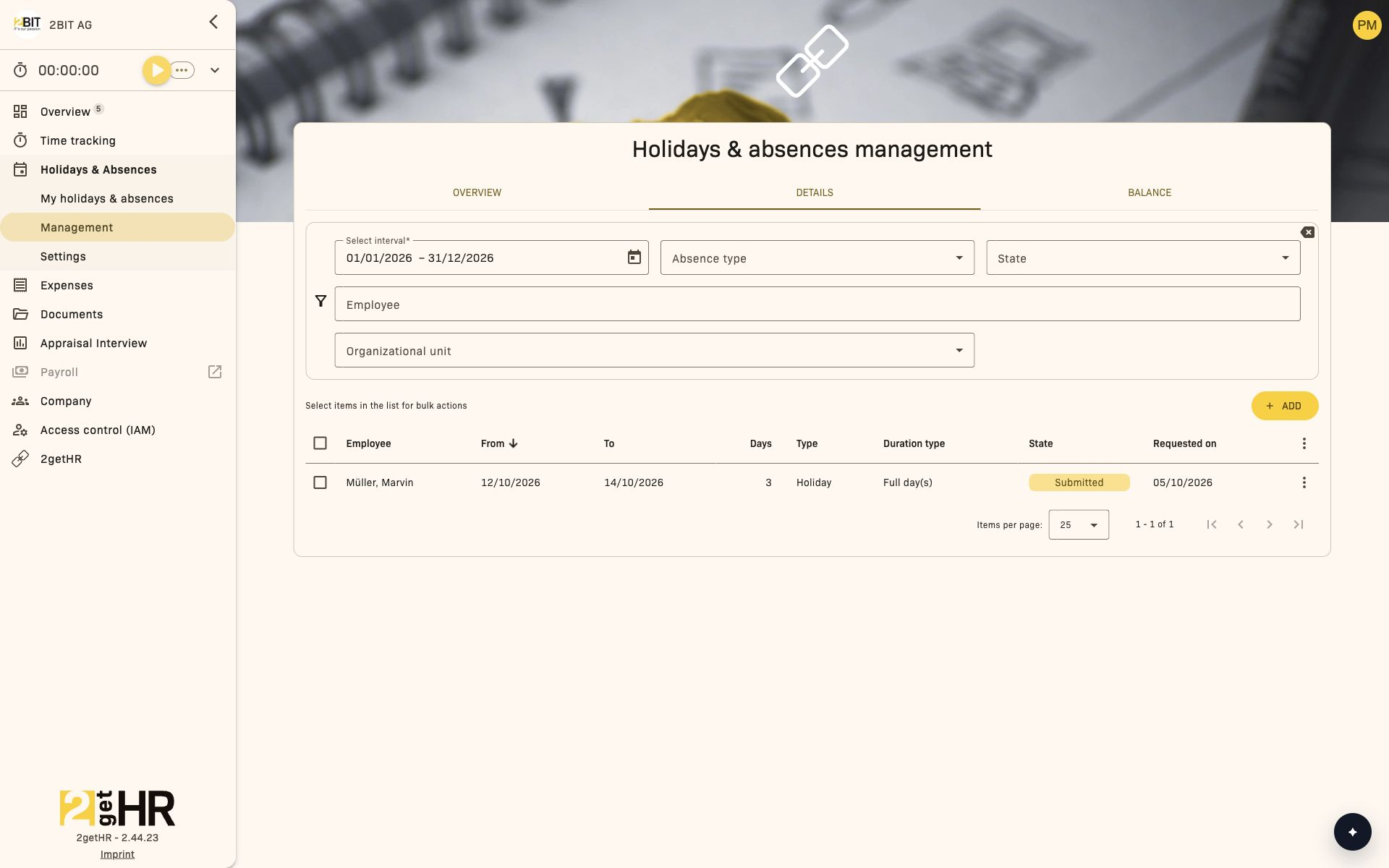 Submitted holiday requests in the management Details tab