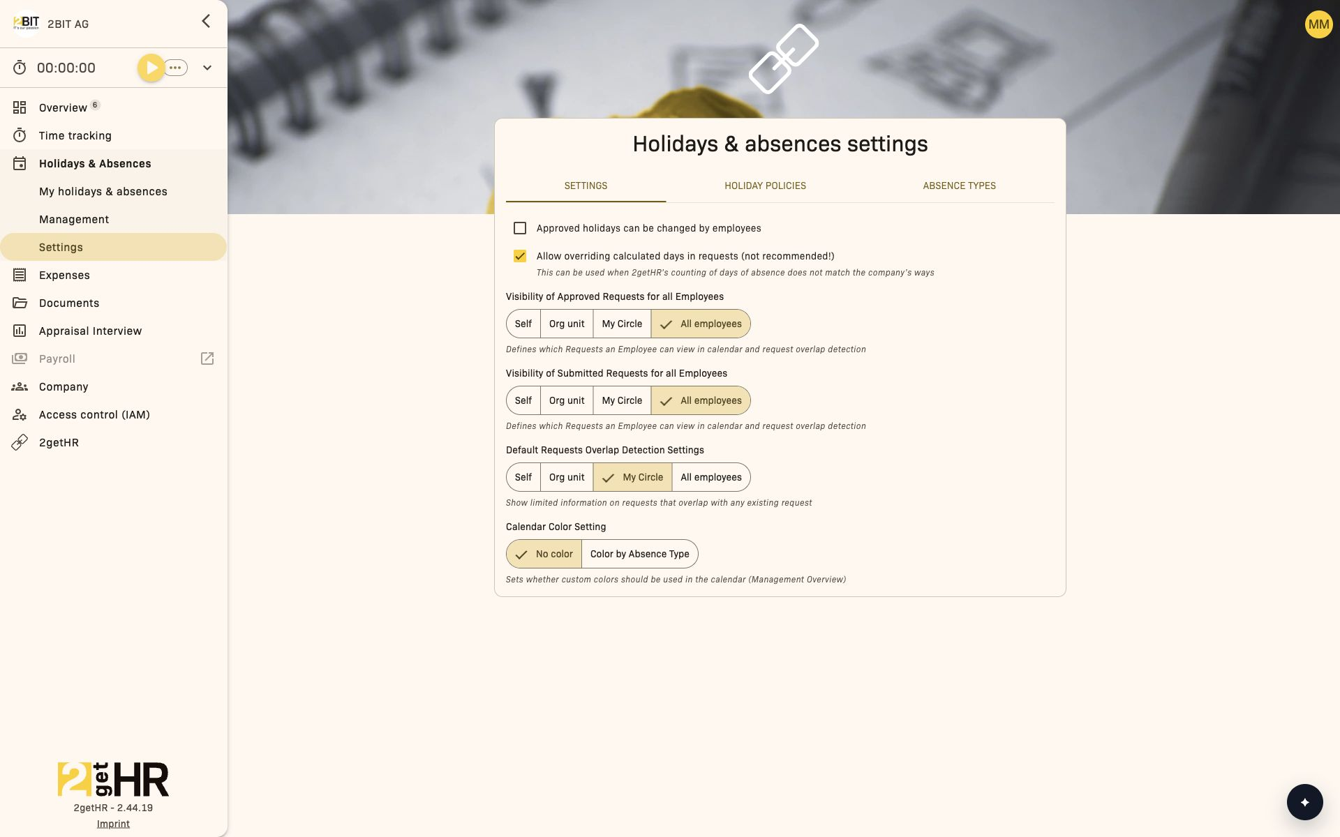 Settings for holiday request visibility and editing