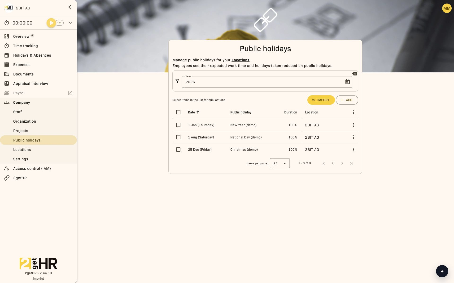 Public holidays by year and location