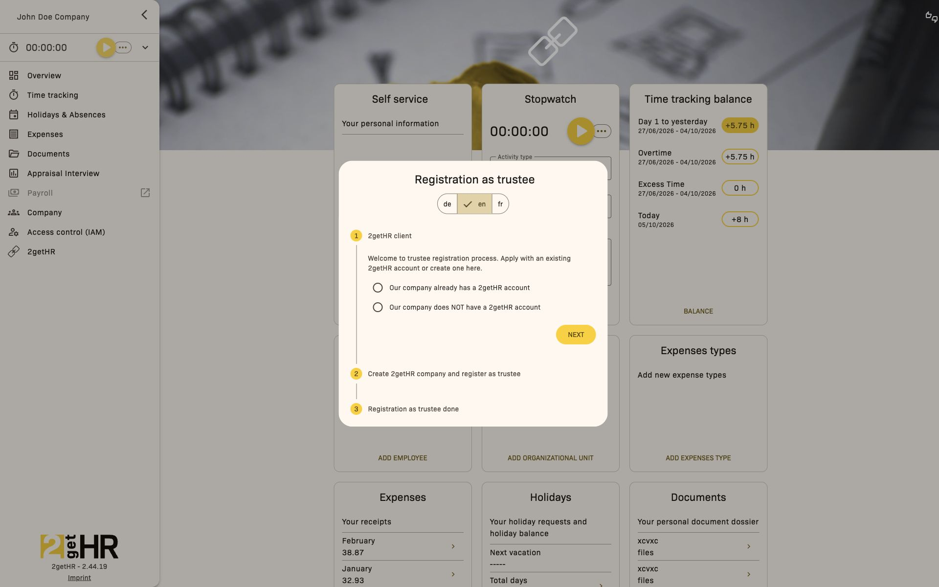 First trustee registration step with language selection