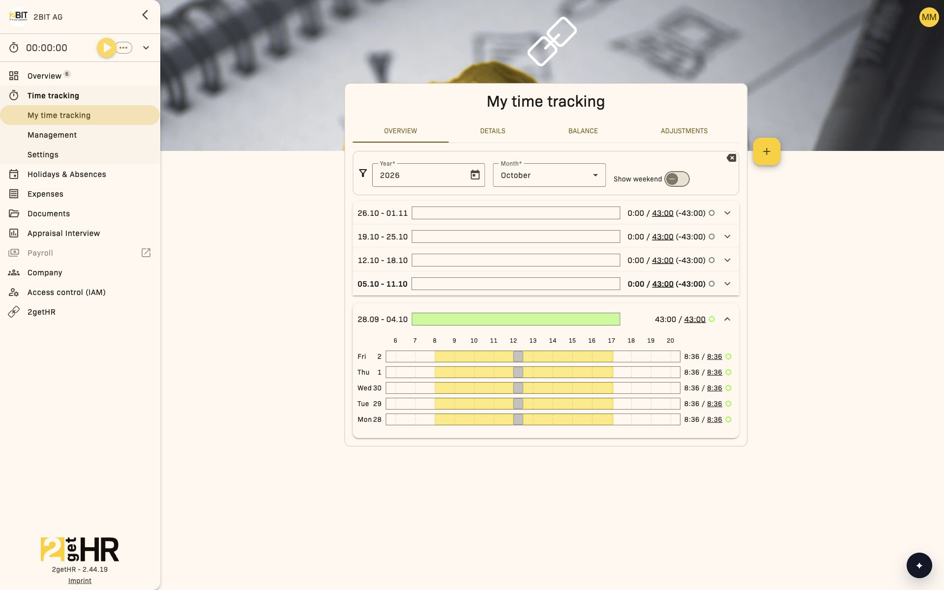 Time tracking main page