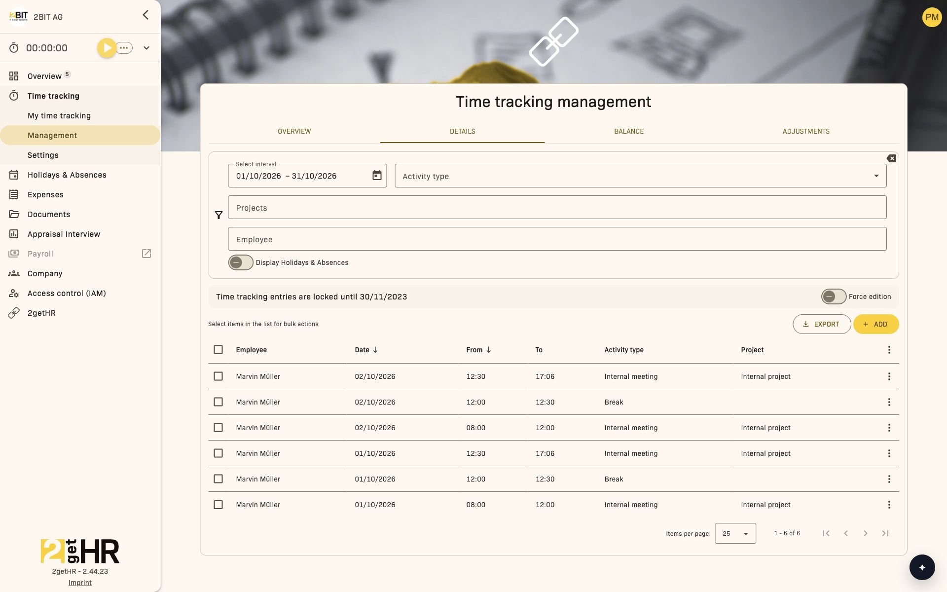 Filter management time entries by employee and period