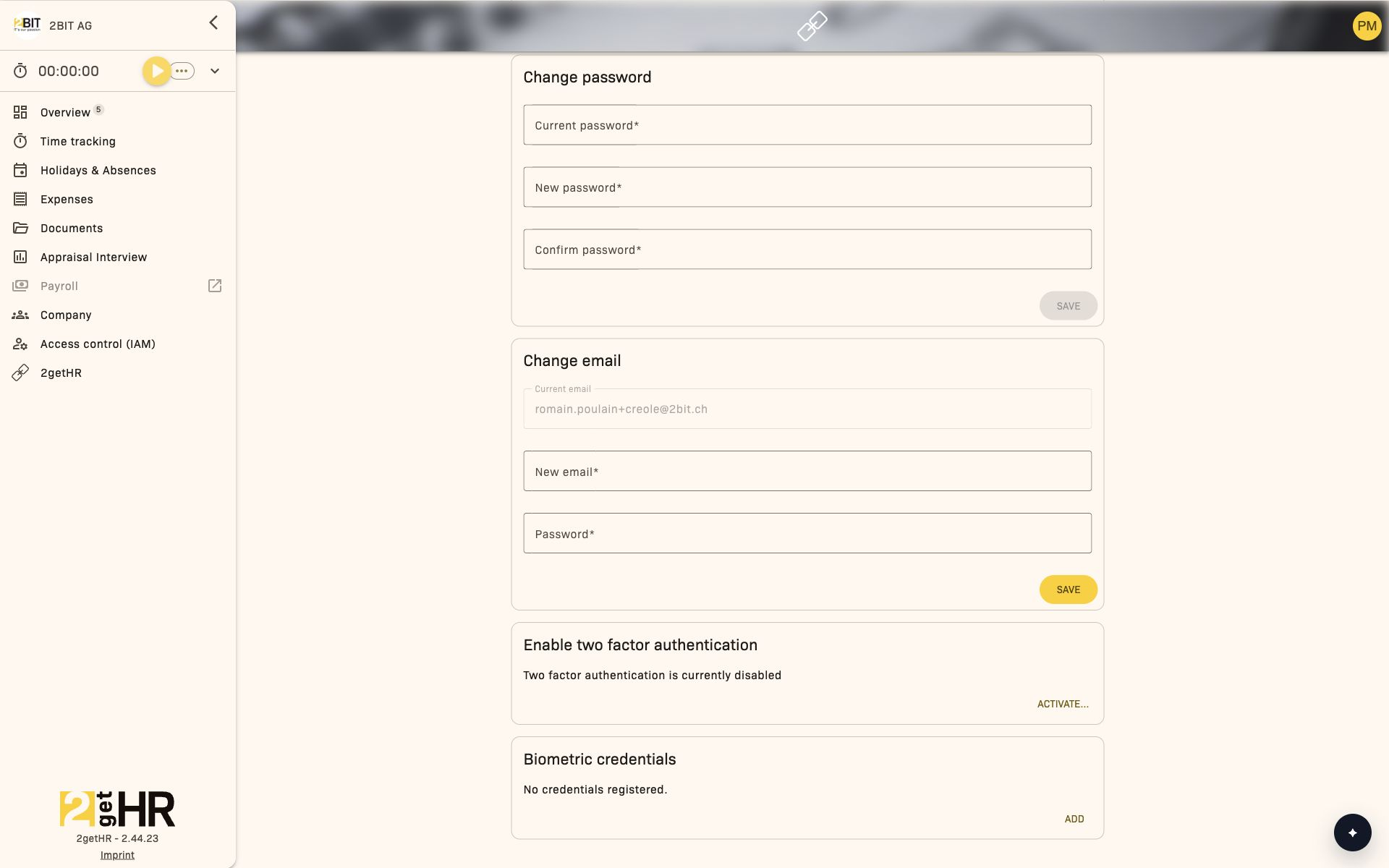 Security areas for password, email, two-factor authentication and biometric sign-in