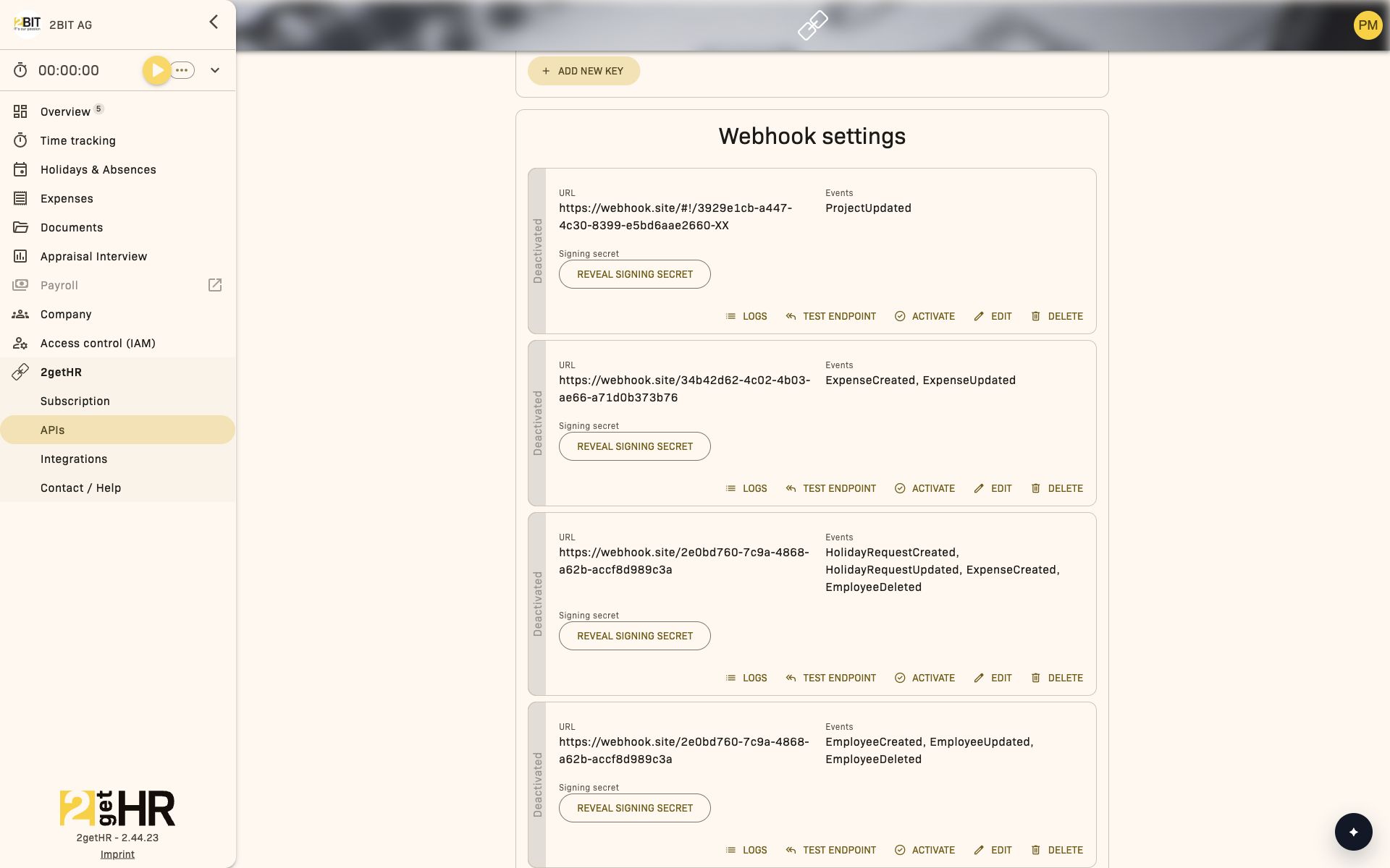 Webhook settings with the Reveal signing secret action