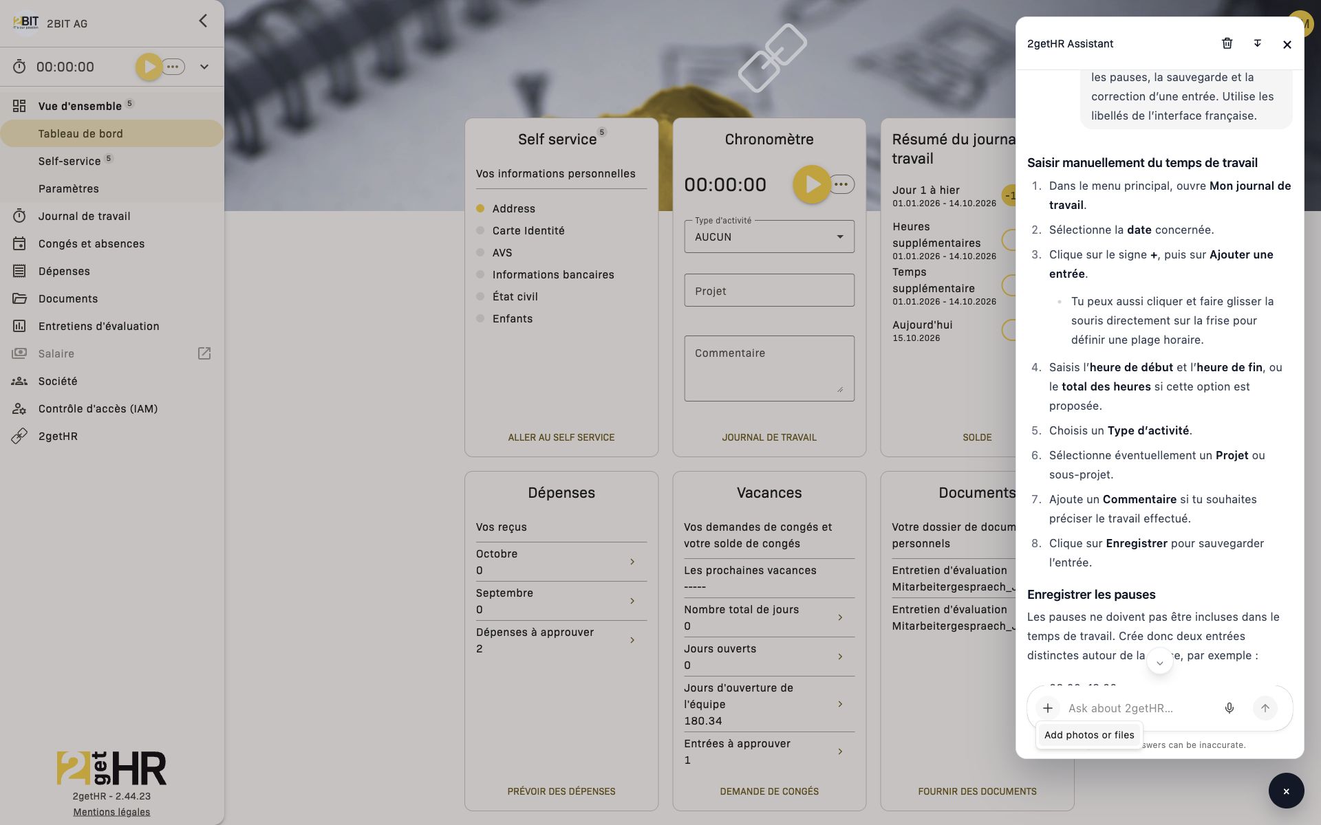 Menu des pièces jointes dans l’assistant agrandi