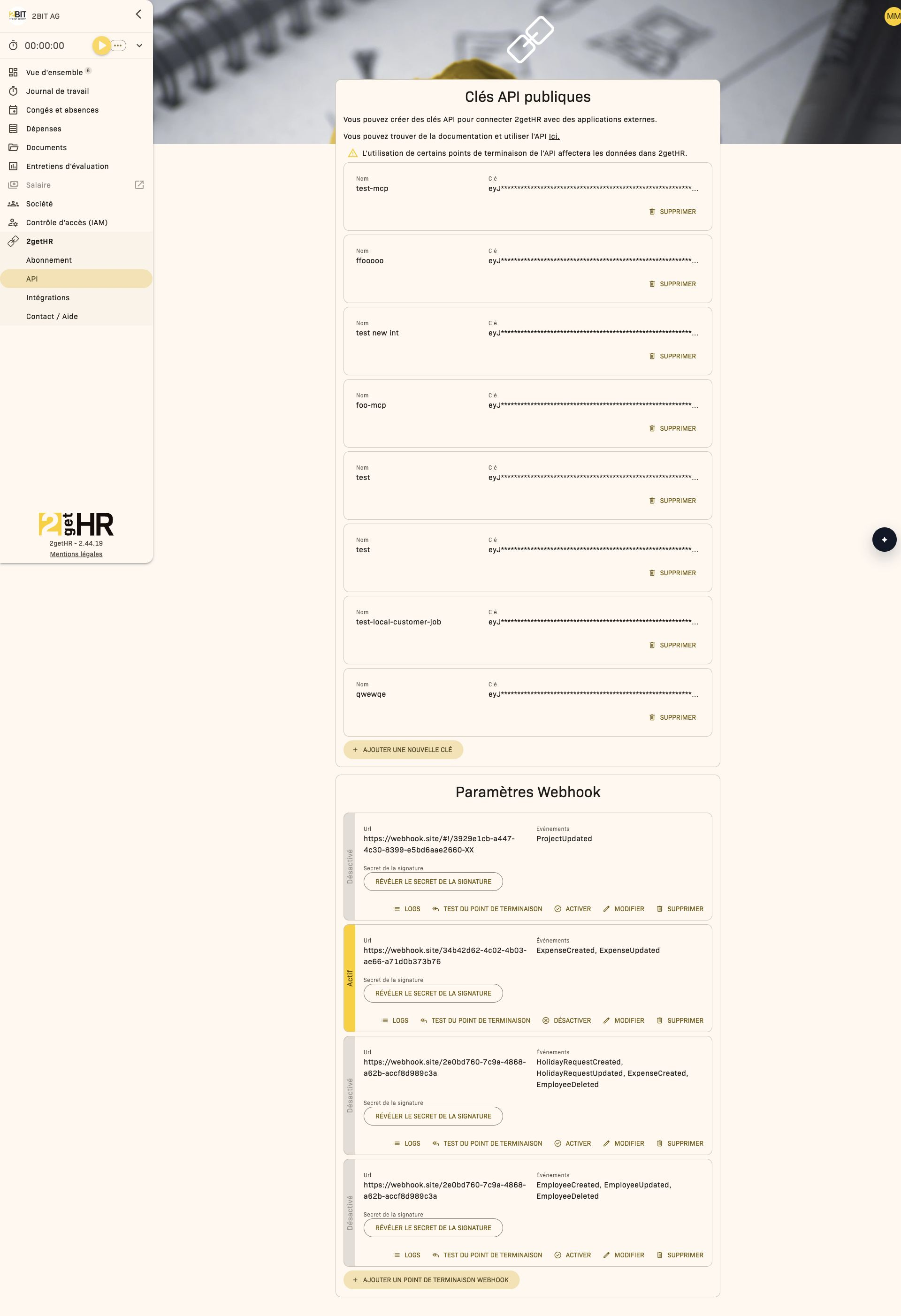 Clés API et paramètres webhook sur une même page