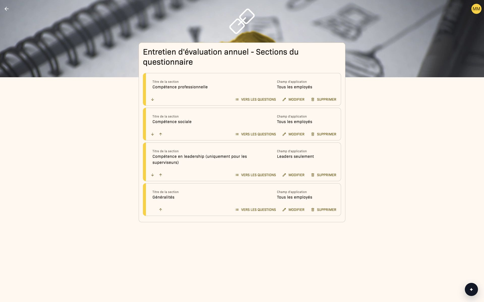 Page principale de l’évaluation des employés