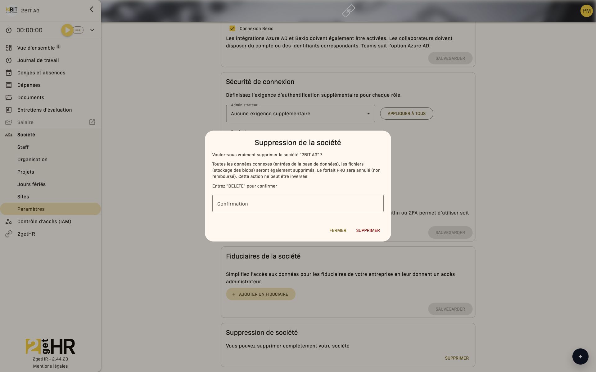 Suppression de société : avertissement et champ Confirmation vide pour le mot DELETE