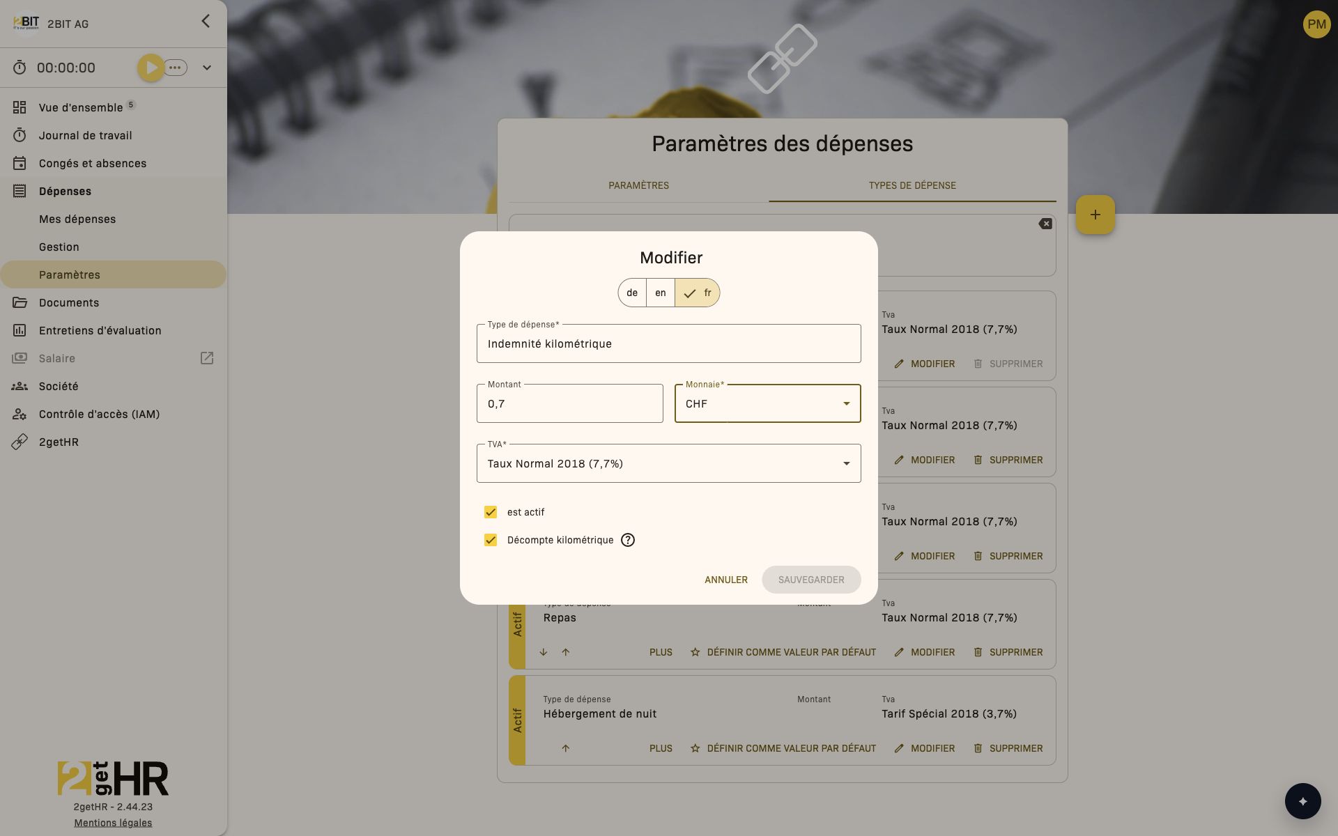Modifier un type de dépense avec Montant, Monnaie, TVA, Actif et Décompte kilométrique