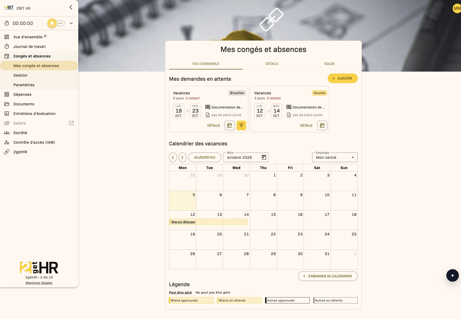 Espace de travail principal Mes congés et absences