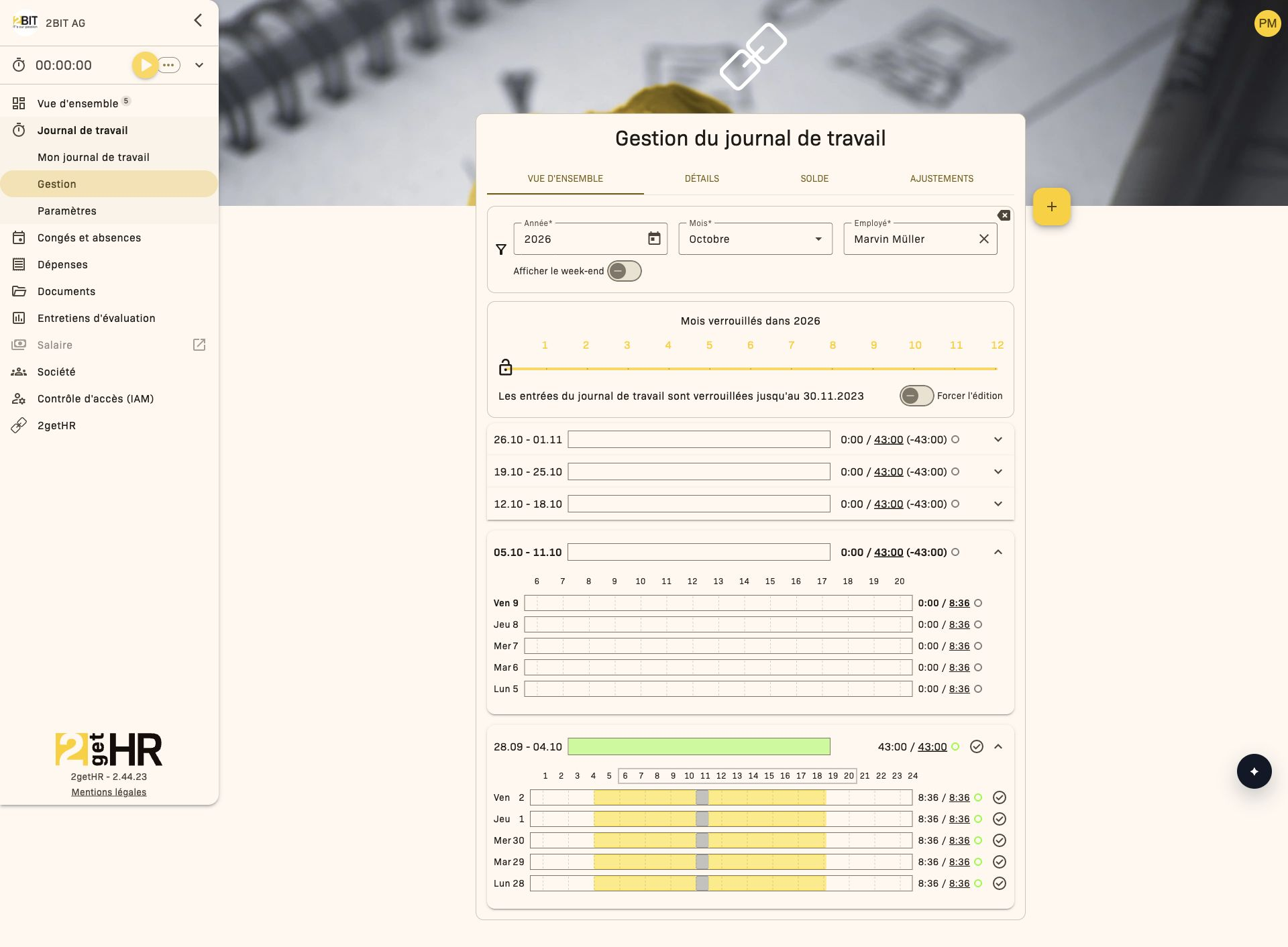 Page principale de gestion du journal de travail