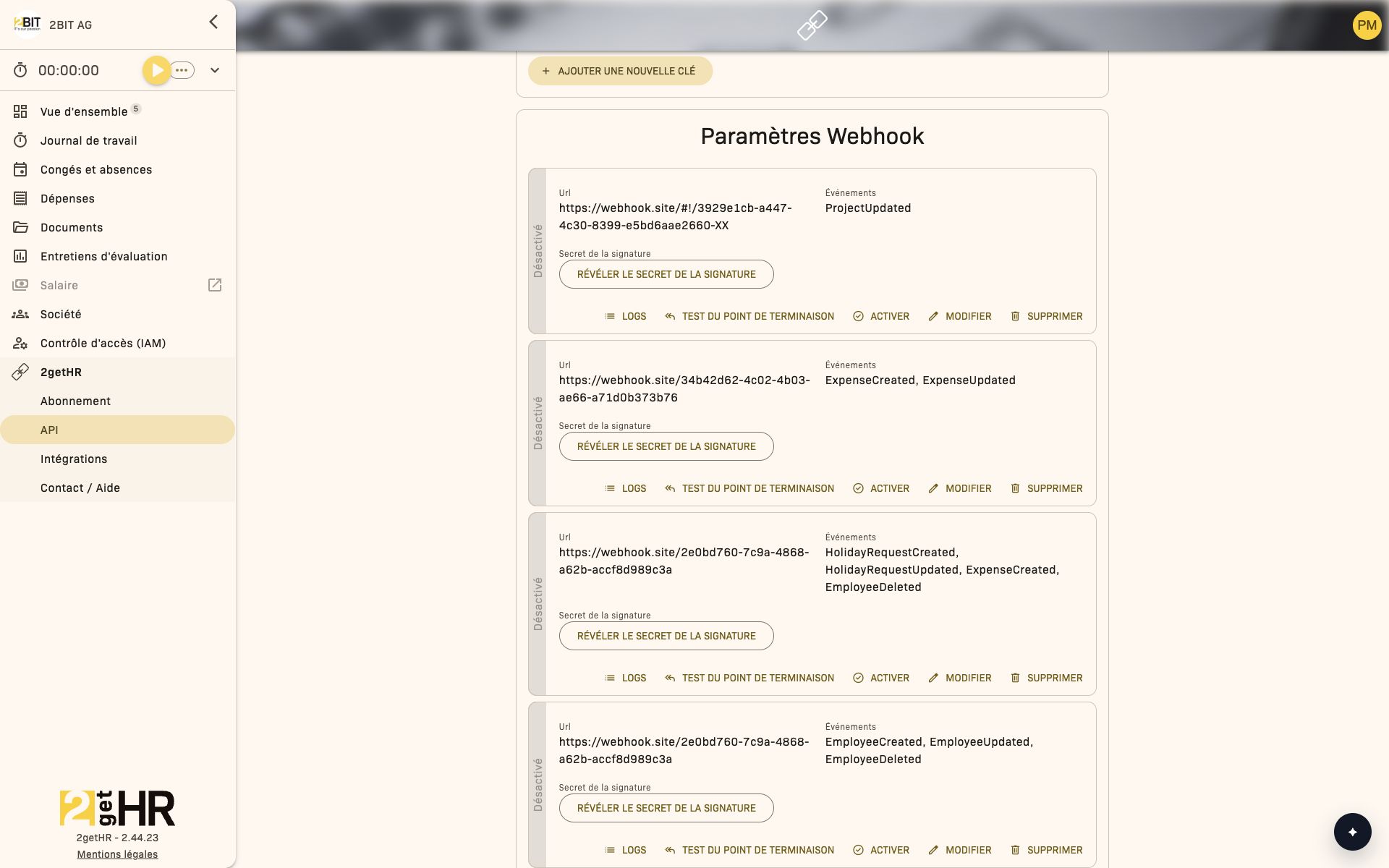 Paramètres Webhook avec l'action Révéler le secret de la signature